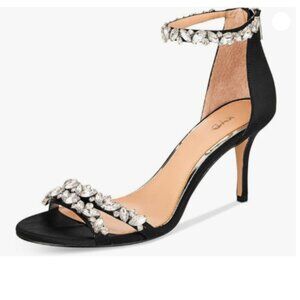 XYD Black Mid Heel Rhinestone Strappy Sandals Open Toe Ankle Strap Prom Shoes